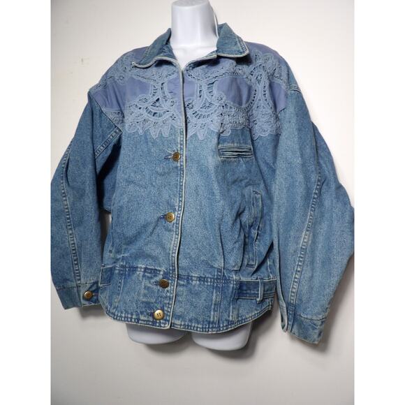 Vtg 90s Together Jean Jacket Sz Large Denim Eyelet Crochet Buttons READ - Picture 2 of 16